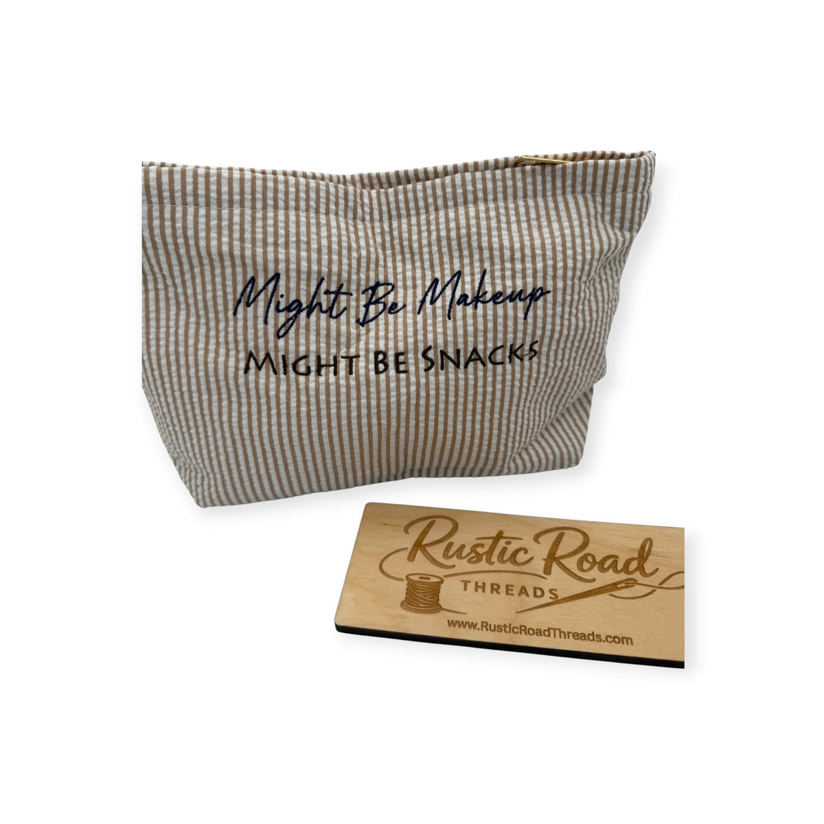 "Might be Makeup, Might be Snacks" Embroidered Seersucker Zipper Bag