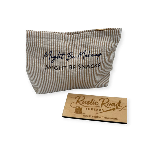 "Might be Makeup, Might be Snacks" Embroidered Seersucker Zipper Bag