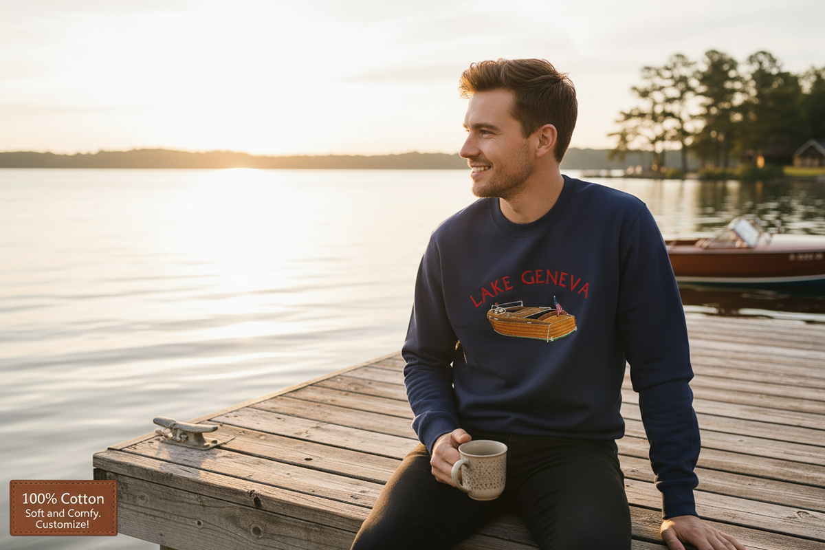 Woody Boat Sweatshirt | Embroidered Crewneck | Customized Text